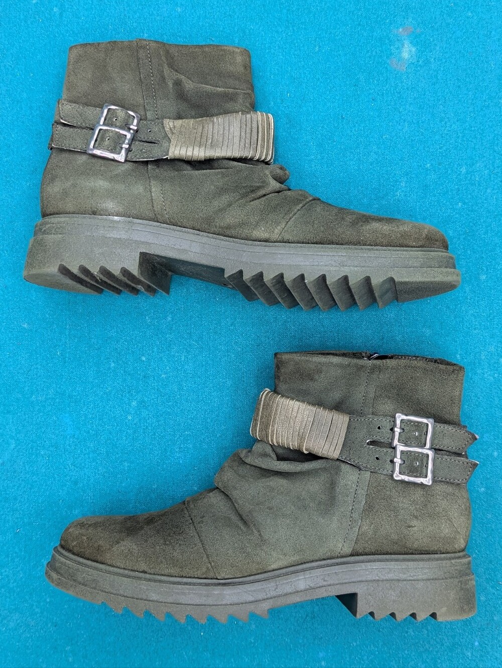 Miz Mooz Fanley Suede Buckled Ankle Boots Moto Lug Sole Forest Green 42 US 11